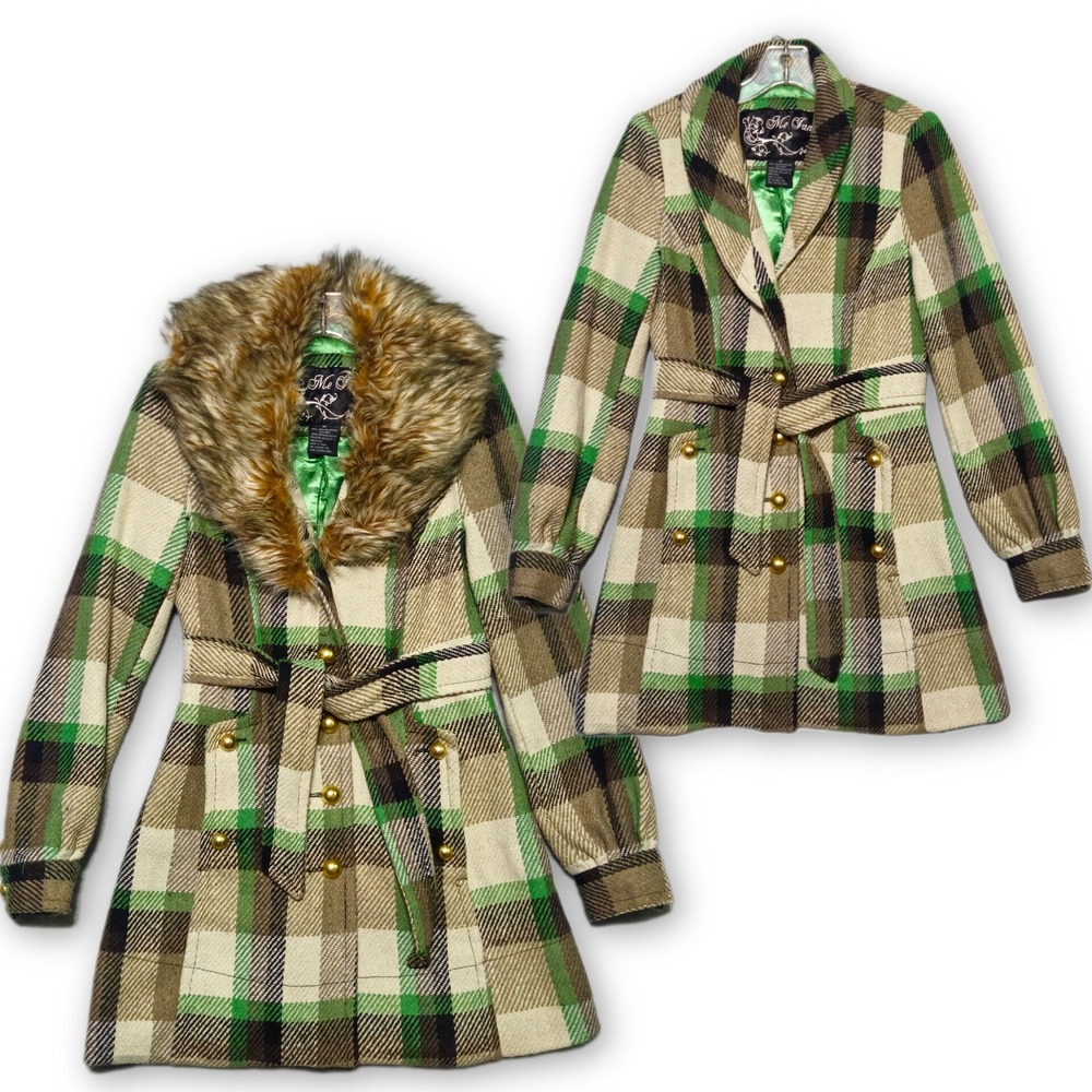 Me Jane Plaid Trench Coat Womens Medium Green Tan Faux Fur Collar Belted Wool